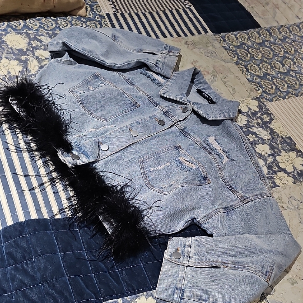Women's Blue B Jean Jacket with Black Feathers, NWOT - Size M/L